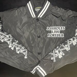 Black Bomber Jacket with Skeleton Design